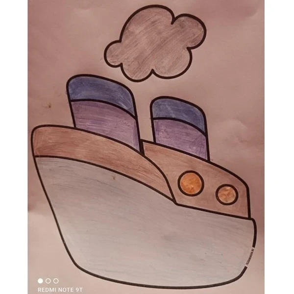 Цветной вариант раскраски пароход или кораблик