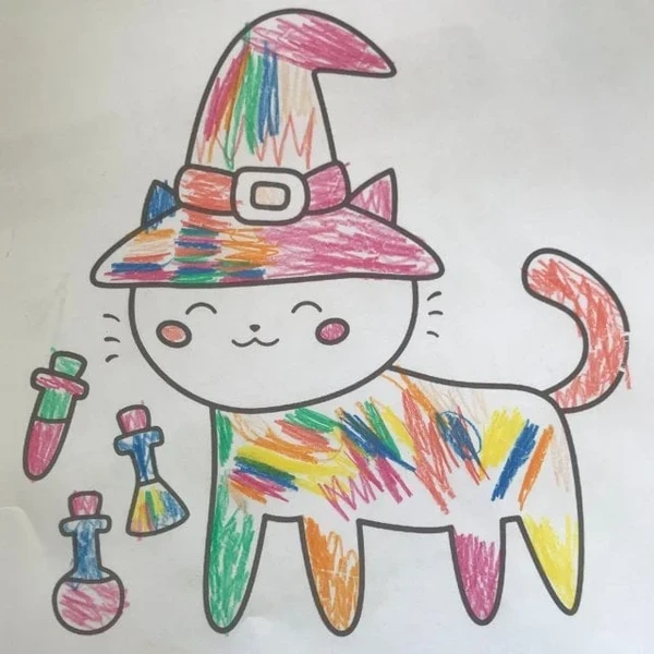 Цветной вариант раскраски хэллоуин кошечка в шляпе