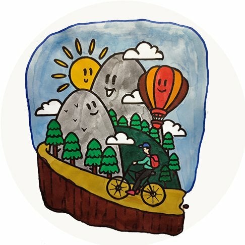 Цветной вариант раскраски велосипед в горах