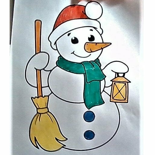 Цветной вариант раскраски милый снеговичок