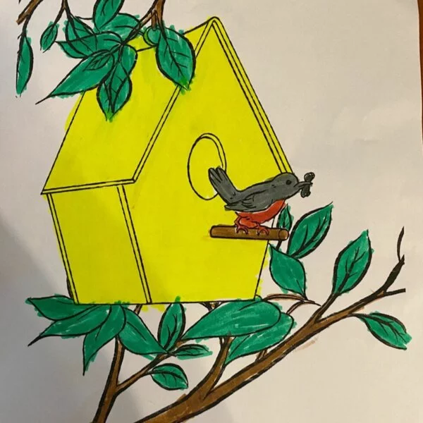 пример раскраски скворечник и весенняя ветка