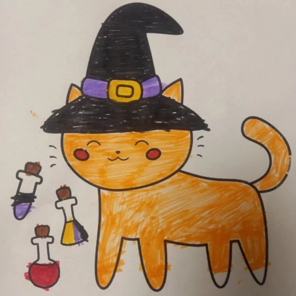 Цветной вариант раскраски хэллоуин кошечка в шляпе