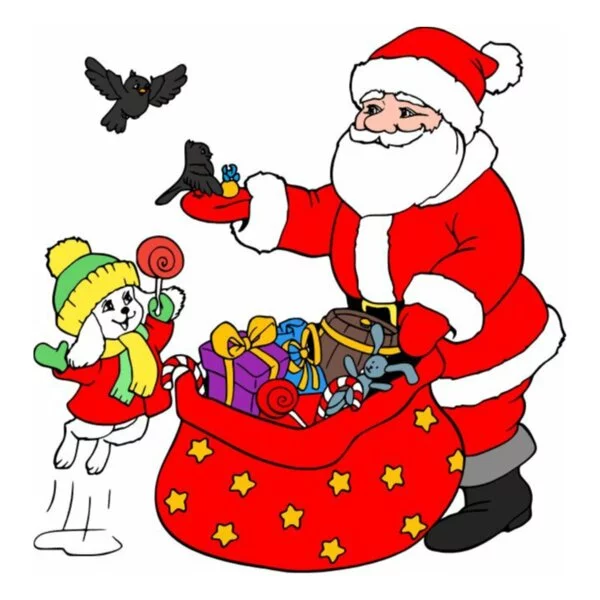 Цветной вариант раскраски дед мороз и зайка с птичками