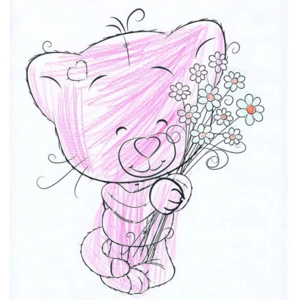 Цветной вариант раскраски котенок с цветами