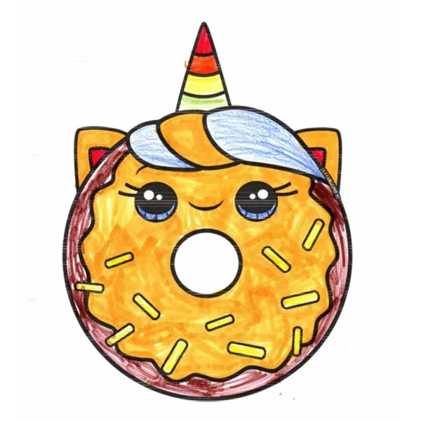 Цветной вариант раскраски единорог-пончик кавай