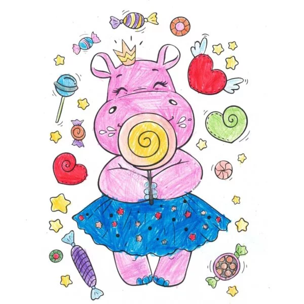 пример раскраски милый бегемот девочка