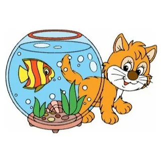 Цветной вариант раскраски котик и аквариум
