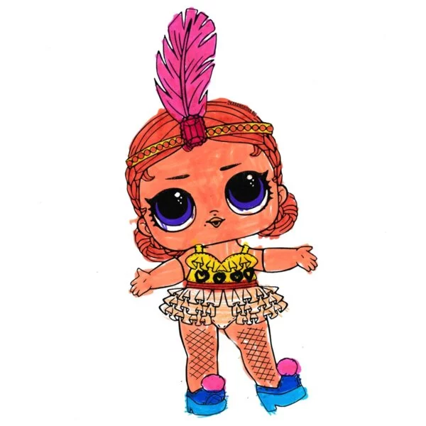 Цветной вариант раскраски кукла лол с пером на голове (snowbaby)