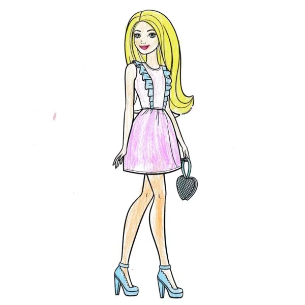 пример раскраски барби в красивом платье и туфлях