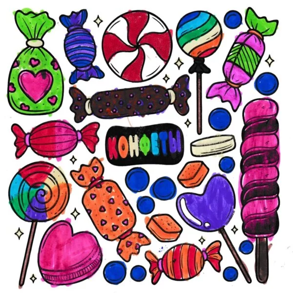 Цветной вариант раскраски сладости, конфеты, леденцы